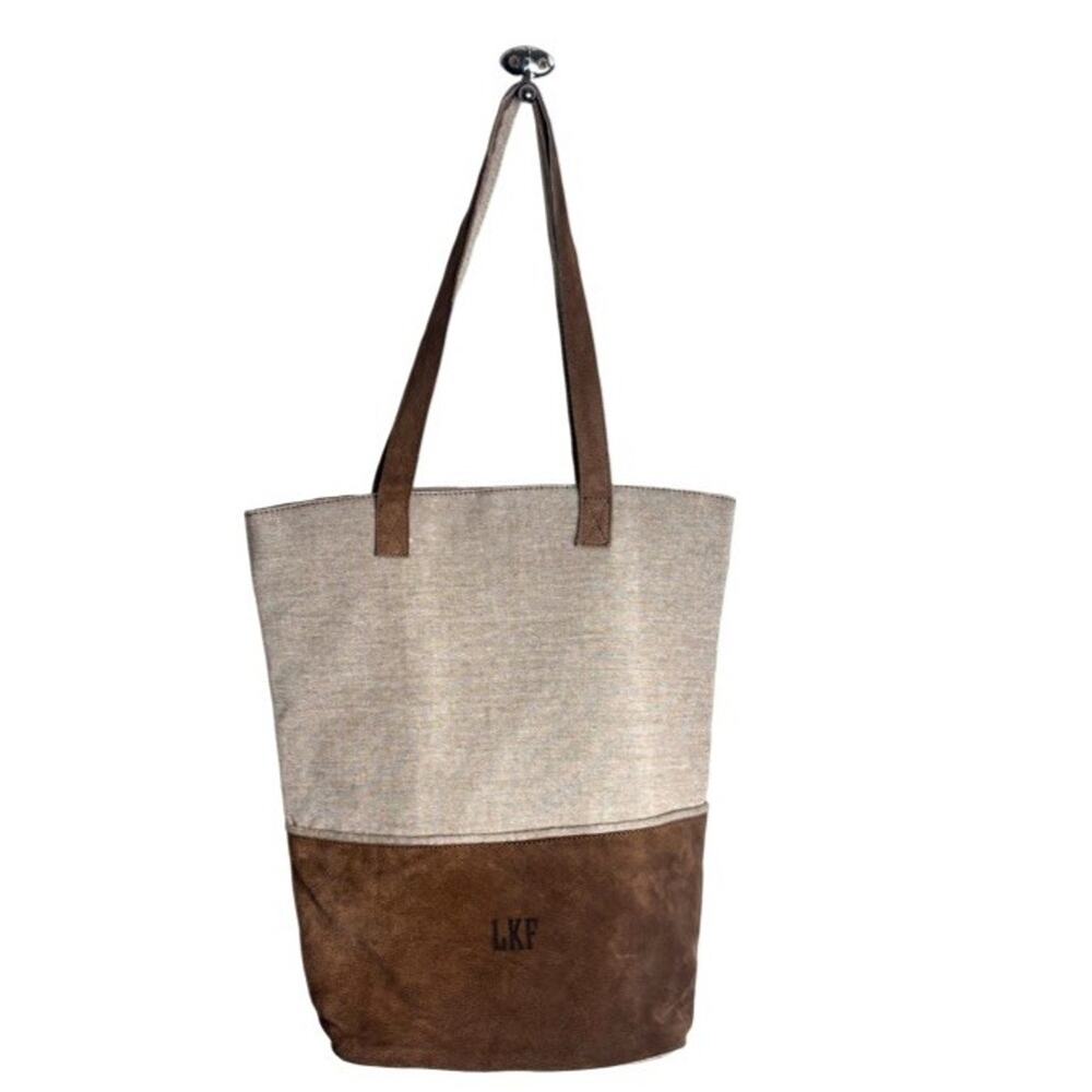 Mark & Graham Tote Large Bucket Cotton Leather Oatmeal Brown Preppy - Picture 2 of 11